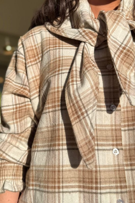 Agnes Plaid Brushed Cotton Neckerchief Blouse Camel